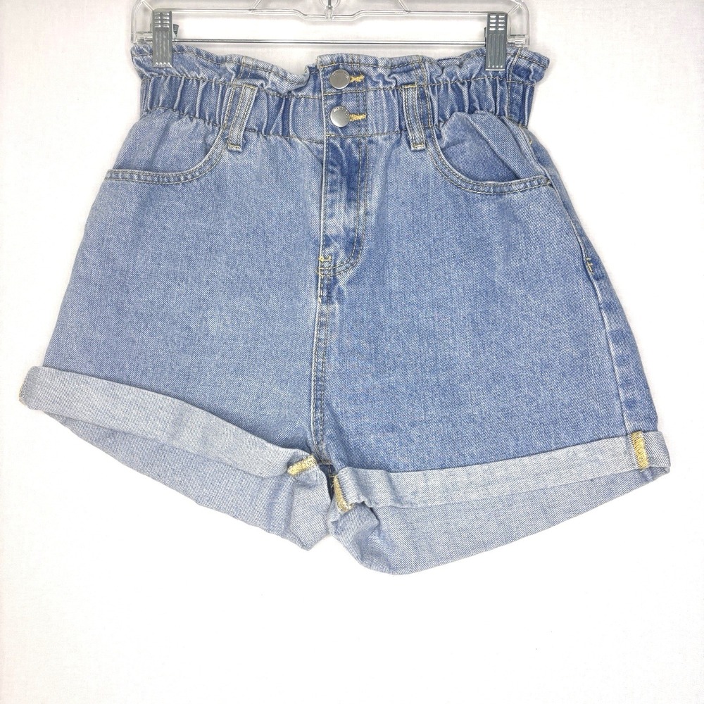 Denim Blvd Shorts Womens Blue Jean Medium Retro High Waisted Paperbag Rolled Hem
